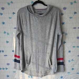 Champion Heather Gray Hoodie Tee with Red and Navy Accents